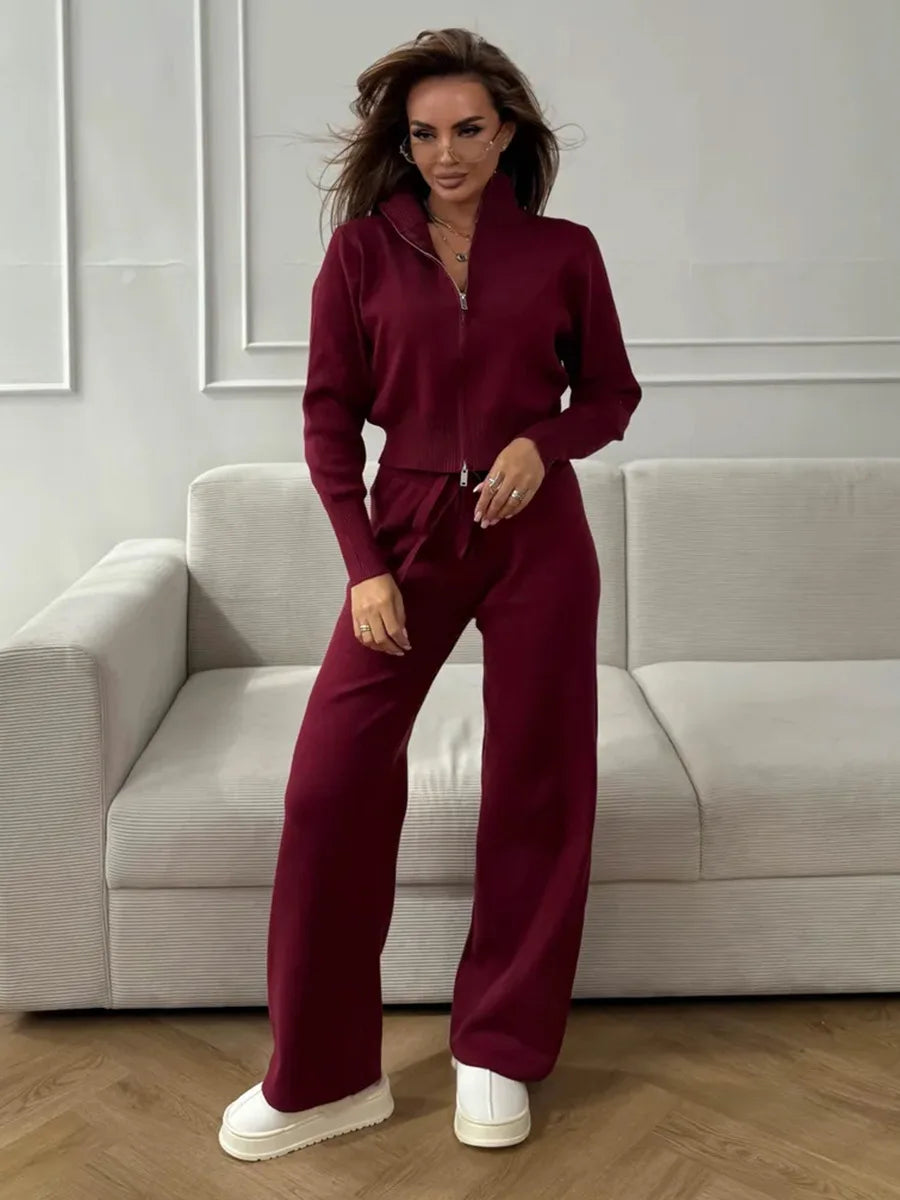 Bornladies Women's New Knit Zip Up Cardigan Wide Leg Pants Set Soft Fabric Cropped Elastic Waist Autumn Winter Fashion Sweater