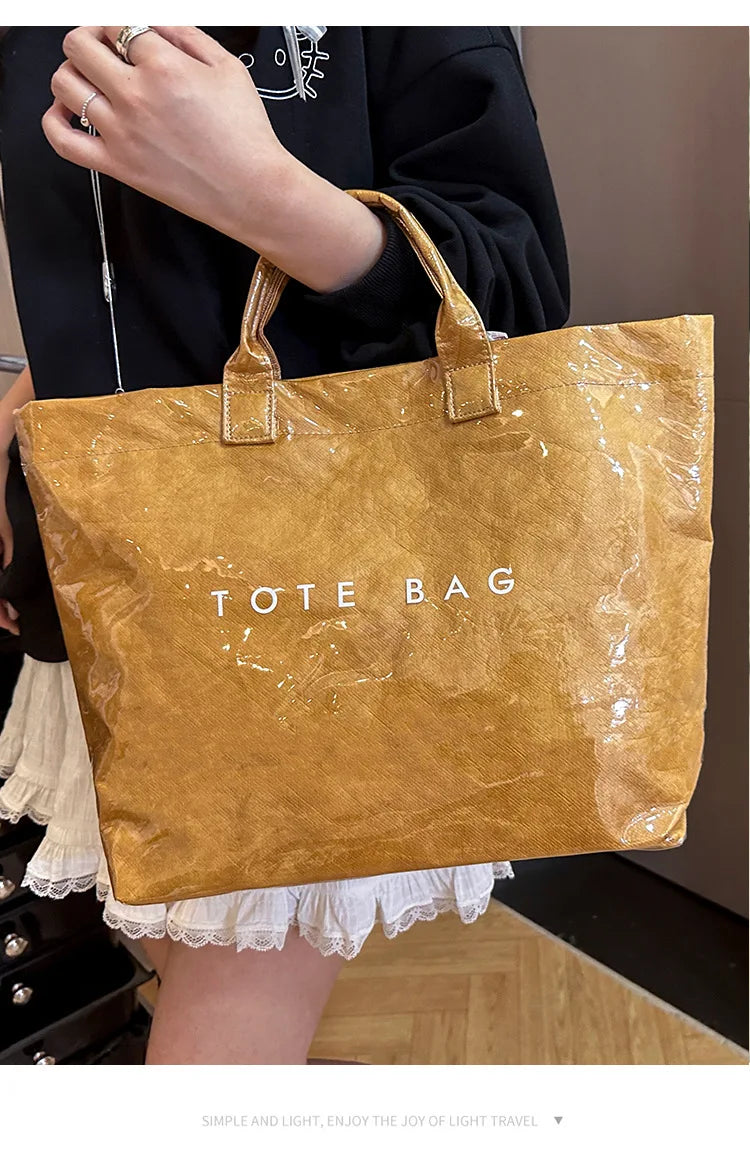 Retro tote bag waterproof DuPont paper shoulder bag fashionable commuting large capacity kraft paper handbag