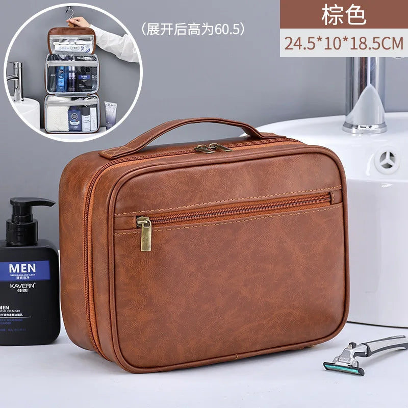Zipper PU Leather Men Business Portable Storage Bag Toiletries Organizer Women Travel Cosmetic Bag Hanging Waterproof Wash Pouch