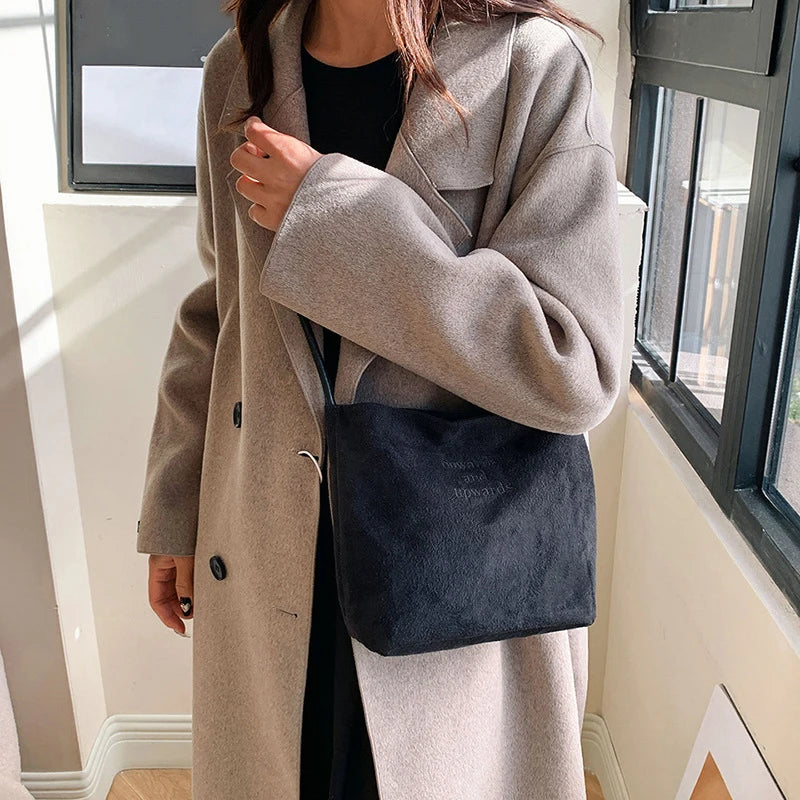 Suede Handbag Casual Rope Buckle Design Multicolor Shoulder Bag Adjustable Straps Tote Work Crossbody Bucket Bag