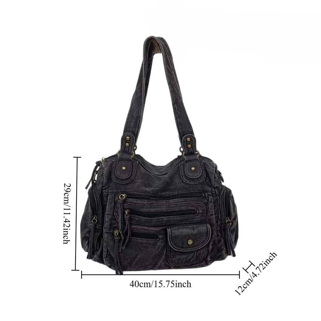 Y2K Street Personalized Women's Multi Pocket Shoulder Bag Large Capacity Retro Motorcycle Tote Bag
