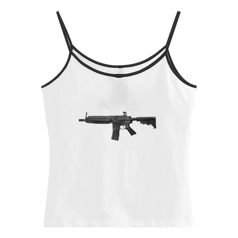 Rock Gothic Y2k Lace Tank Top Gun Harajuku Graphic Print Streetwear Sleeveless Top Punk Retro Sling Spicy Girls Hip Hop Crop top
