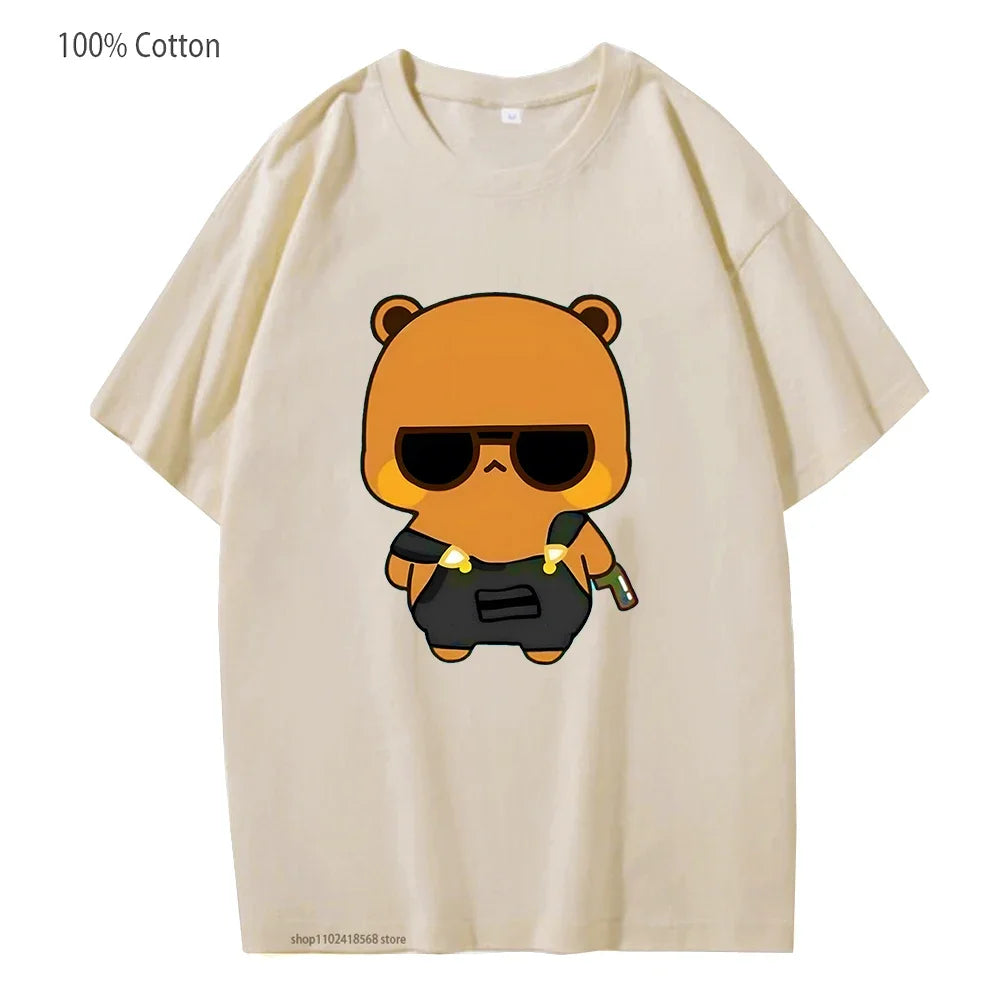 Cute Dudu and Bubu Dudu Like Spy Officer In Black T-Shirts 100% Cotton Clothes Panda and Brownie Bear Tees Men Women Couple Tops
