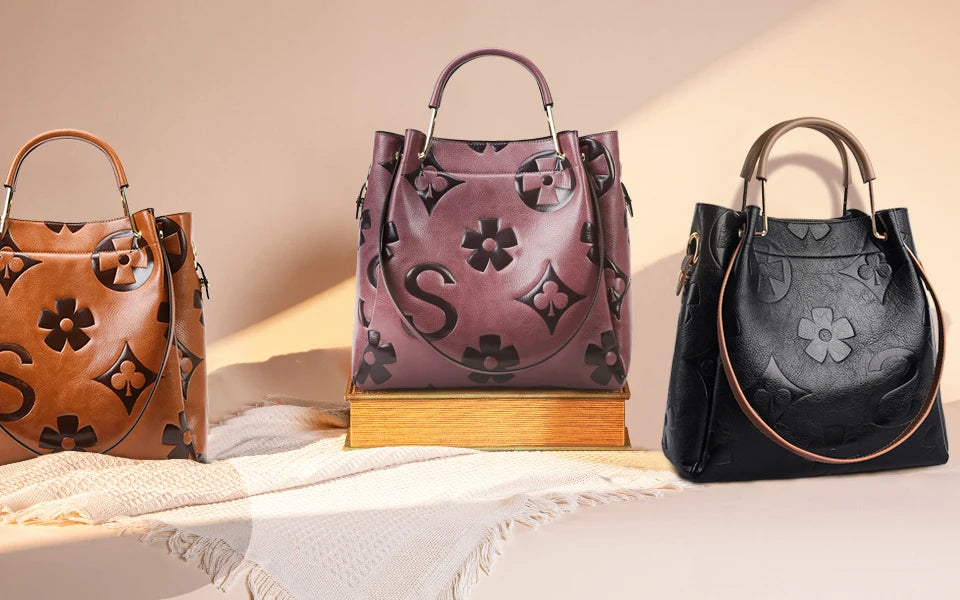 Floral Handbags Purses Women Tote Bag - Embossed Leather Top Handle Handbag Set Large Shoulder Bag Ladies Bucket Hobo Bag