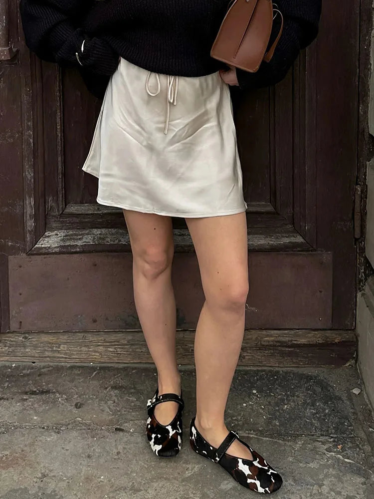 Satin Mini Skirts Women Summer Beige Silk Short Skirt For Woman Drawstring High Waist Black Satin Skirt A Line Women Short 2026