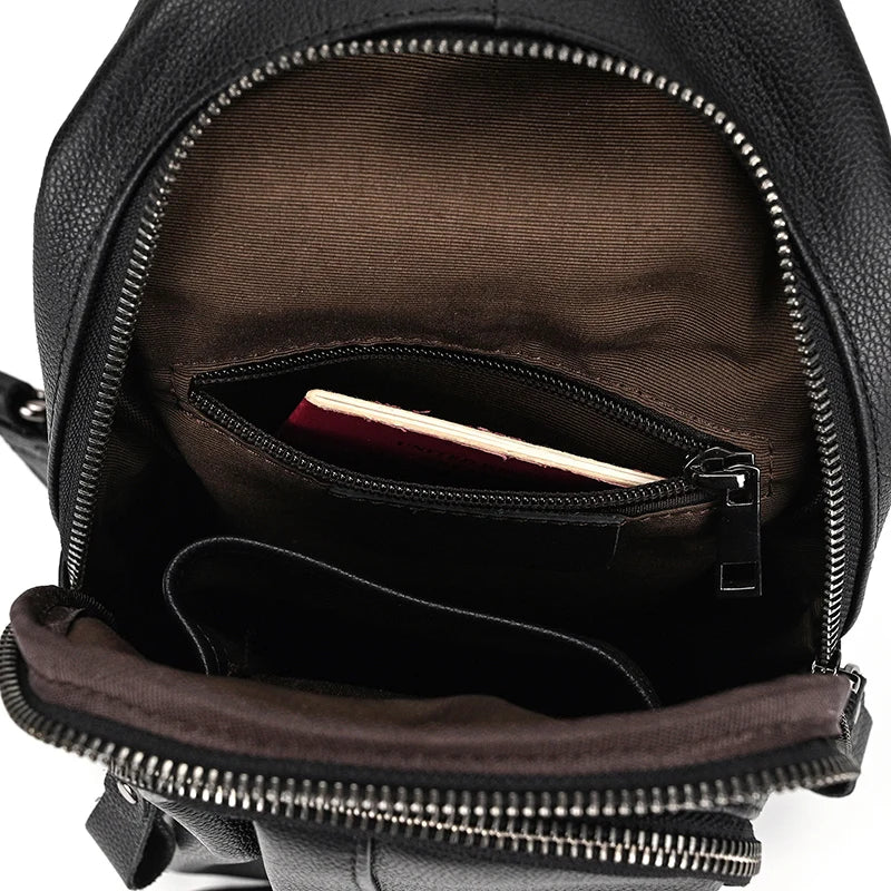 Mans 100% Genuine Leather Sling Bag Men Messenger Bags for Men Black Chest Bags for Phone Casual Sport Shoulder Bag
