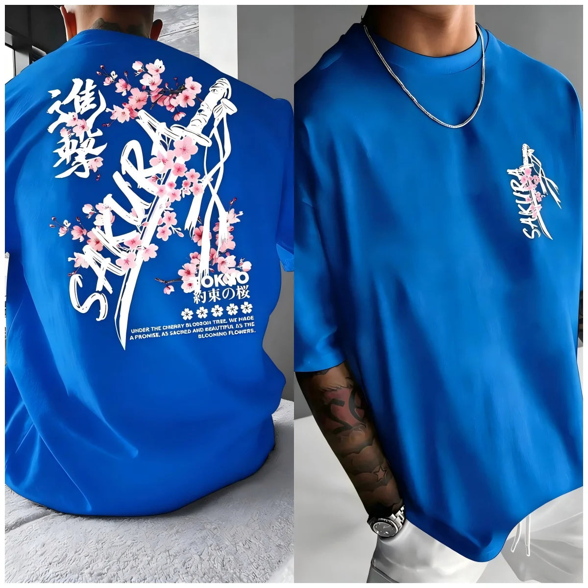 Fashionable men's summer personalized letter cherry blossom print soft and breathable round neck T-shirt outdoor festival street