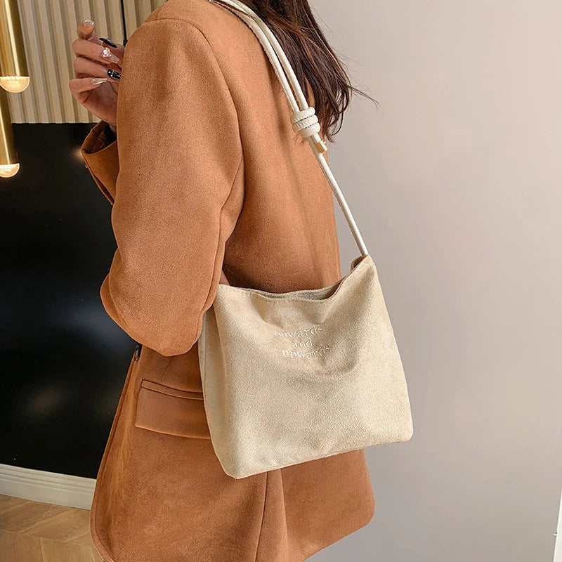 Suede Handbag Casual Rope Buckle Design Multicolor Shoulder Bag Adjustable Straps Tote Work Crossbody Bucket Bag