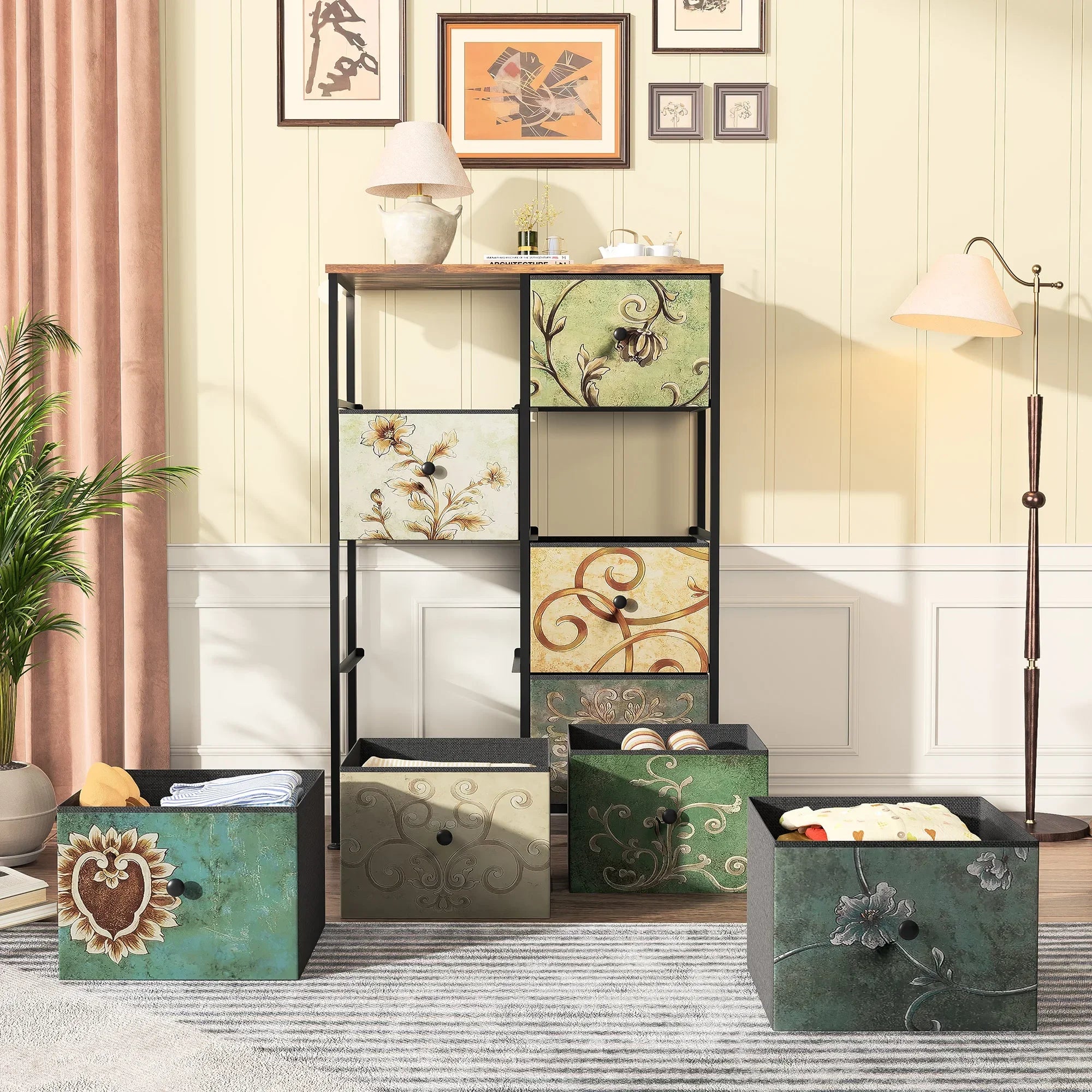Rosahqnda Vintage Cabinet with fabric Drawers TV Stand Chest of Drawers for Living Room Dining Room Bedroom Iron Frame
