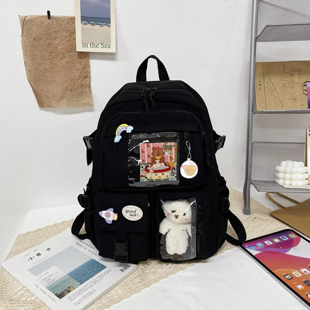 Woman Backpack Fashion College Student Rucksack Nylon with Plush Pendant Pin Kawaii Large Capacity Japanese Style for Teen Girls