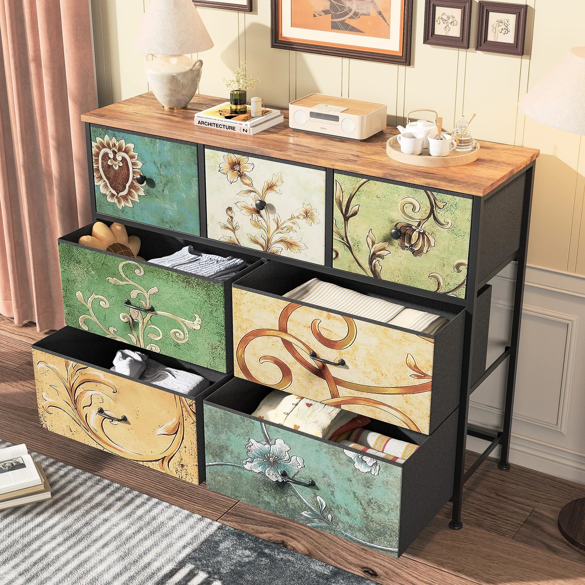 Rosahqnda Vintage Cabinet with fabric Drawers TV Stand Chest of Drawers for Living Room Dining Room Bedroom Iron Frame
