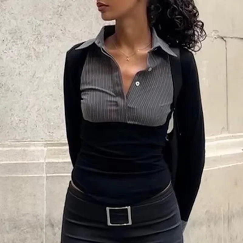 2025 Autumn Striped Polo Collar Contrast Crop Top Slim Fit Bodycon Knit Tops - Spicy Girl Outfits for Club/Streetwear/Daily Wear