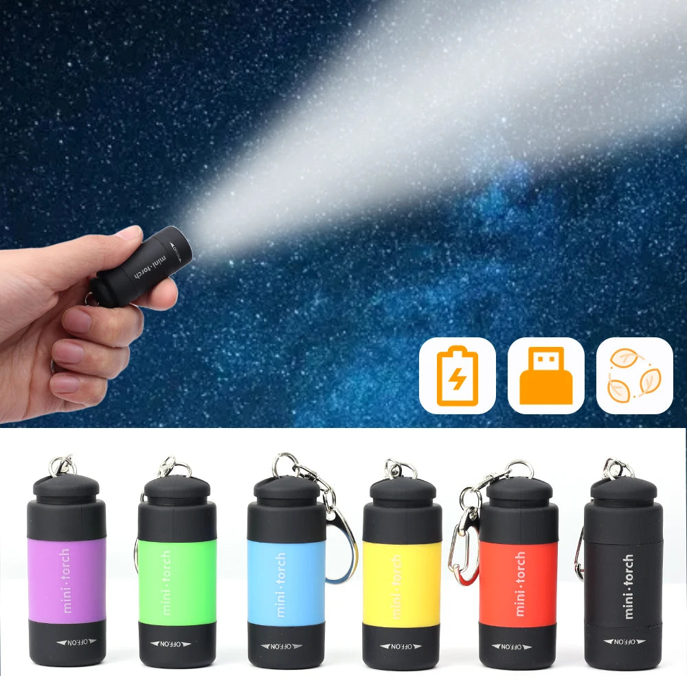 Mini Torch LED Rechargeable Flashlight Portable Keychain Rotary Switch Waterproof Outdoor Camping Emergency Flashlight