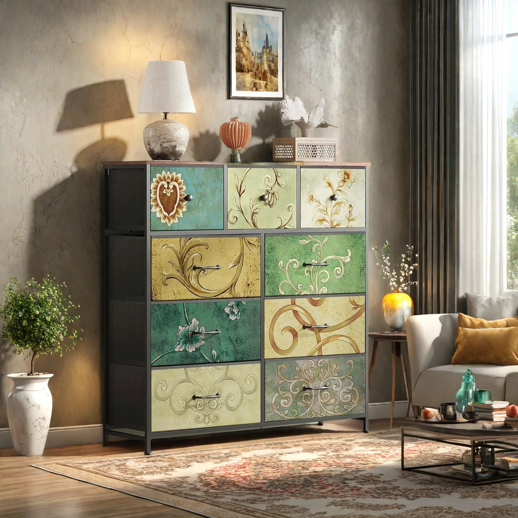 Rosahqnda Vintage Cabinet with fabric Drawers TV Stand Chest of Drawers for Living Room Dining Room Bedroom Iron Frame
