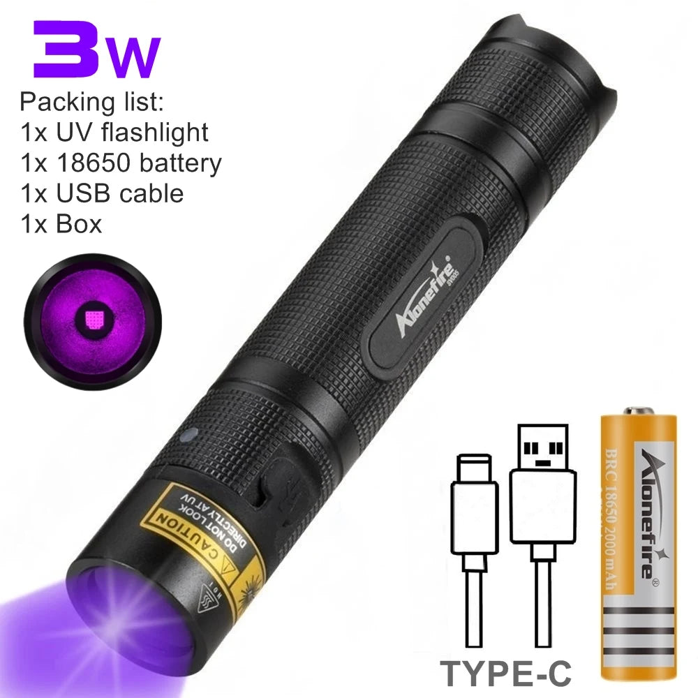 SV005 10W 365nm UV Flashlight USB Rechargeable Ultraviolet Invisible USB Torch Pet Urine Stains Ore Scorpion Detection Lamp