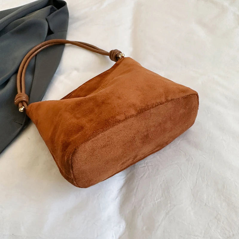 Suede Handbag Casual Rope Buckle Design Multicolor Shoulder Bag Adjustable Straps Tote Work Crossbody Bucket Bag