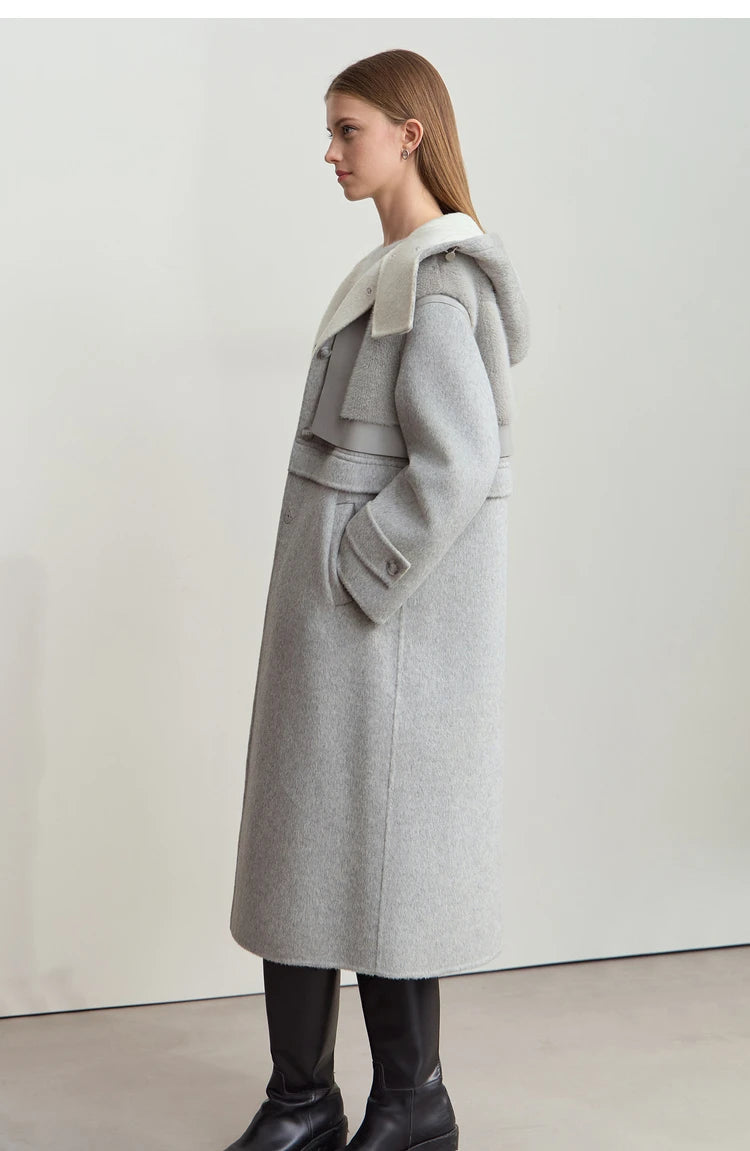 Amii Minimalist 2025 Winter Women's Jacket Hooded Splicing Zipper PU Leather Loose Long Coat Two Wear Wool Coats 12444138