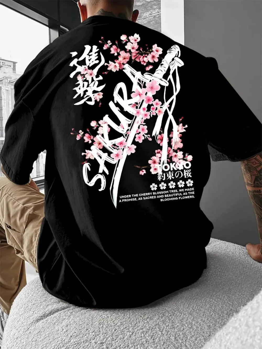 Fashionable men's summer personalized letter cherry blossom print soft and breathable round neck T-shirt outdoor festival street