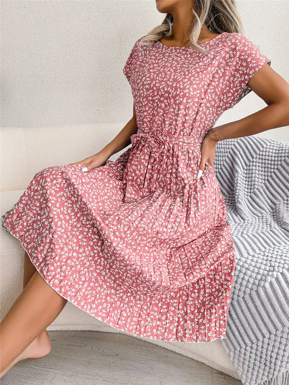 Women's Floral Pleated A Line Long Dress, Short Sleeve, High Waist, Chic, Spring, Summer
