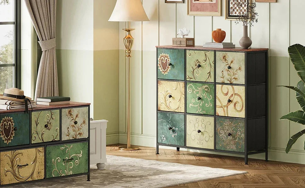 Rosahqnda Vintage Cabinet with fabric Drawers TV Stand Chest of Drawers for Living Room Dining Room Bedroom Iron Frame