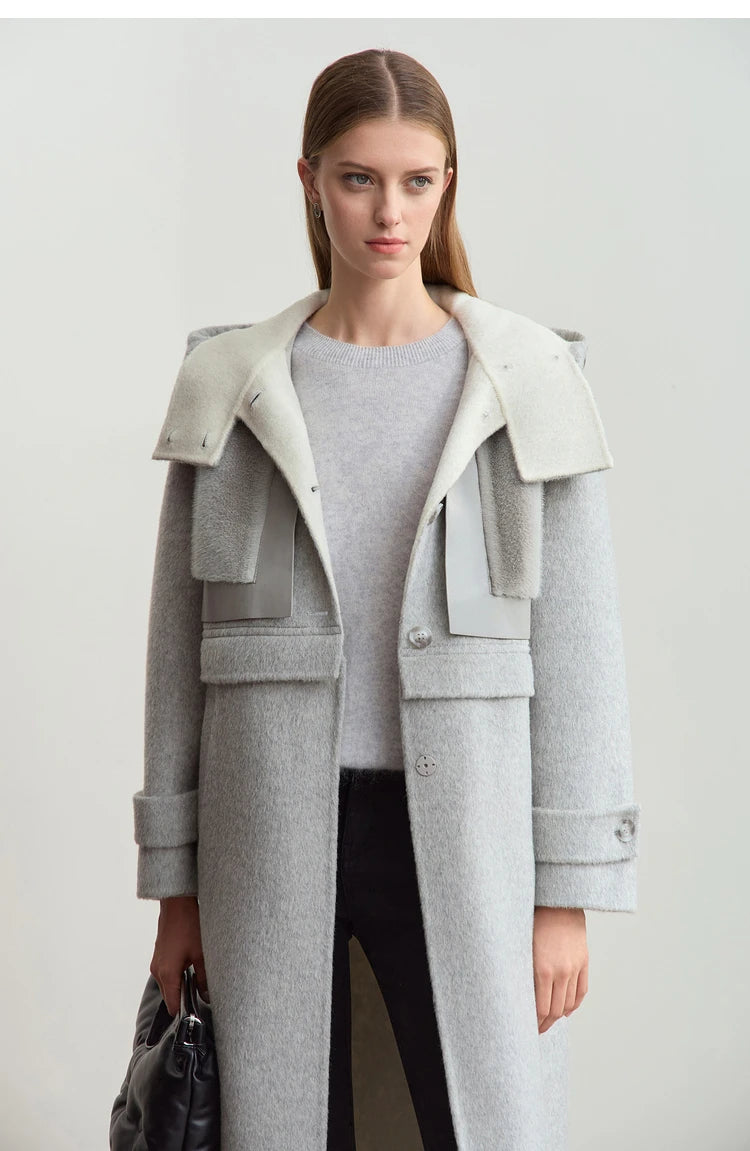 Amii Minimalist 2025 Winter Women's Jacket Hooded Splicing Zipper PU Leather Loose Long Coat Two Wear Wool Coats 12444138