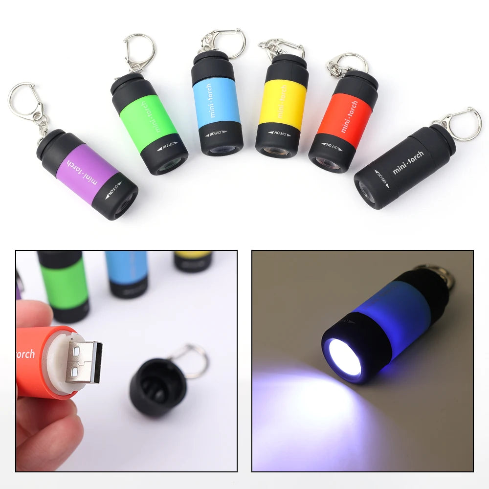 Mini Torch LED Rechargeable Flashlight Portable Keychain Rotary Switch Waterproof Outdoor Camping Emergency Flashlight