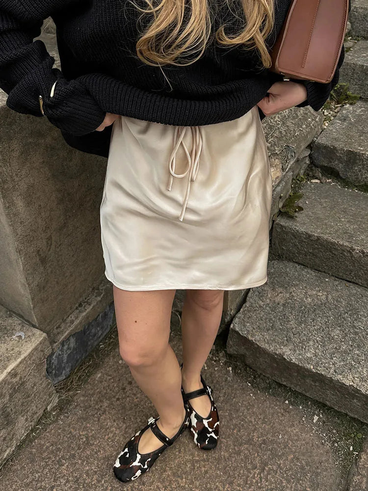 Satin Mini Skirts Women Summer Beige Silk Short Skirt For Woman Drawstring High Waist Black Satin Skirt A Line Women Short 2026