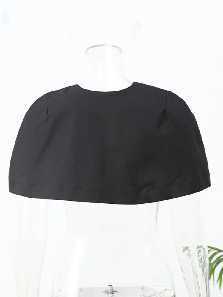 Elegant Black Turtleneck Cloak Tops Women Solid Short Sleeve Waist Cinching A-line Short Top 2026 Lady Spring Street Outwear