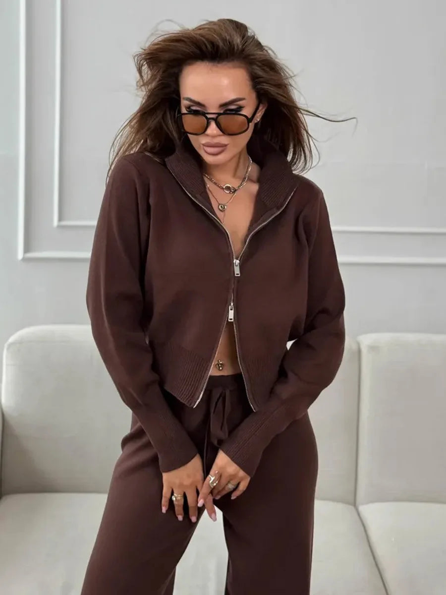 Bornladies Women's New Knit Zip Up Cardigan Wide Leg Pants Set Soft Fabric Cropped Elastic Waist Autumn Winter Fashion Sweater