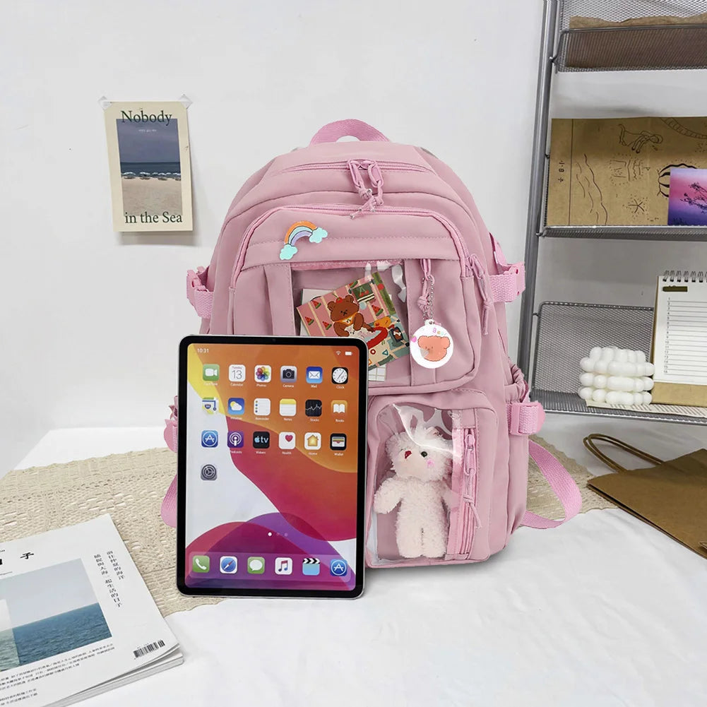 Woman Backpack Fashion College Student Rucksack Nylon with Plush Pendant Pin Kawaii Large Capacity Japanese Style for Teen Girls