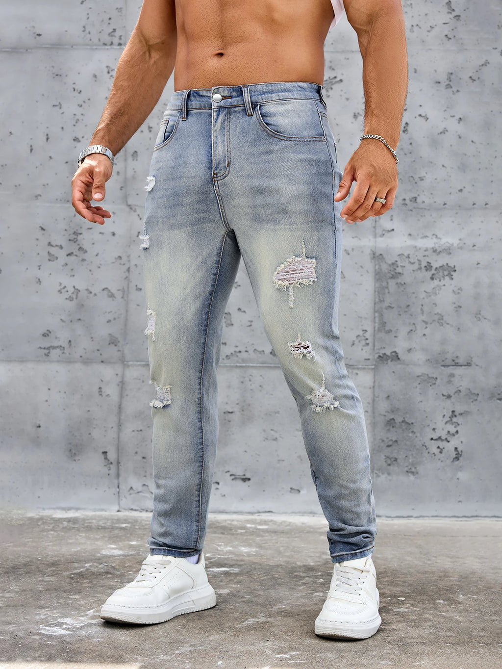 Men's Casual Slim Fit Stretch Jeans-Ripped Blue Denim Trousers Spring and Summer Pants Elastane Fabric