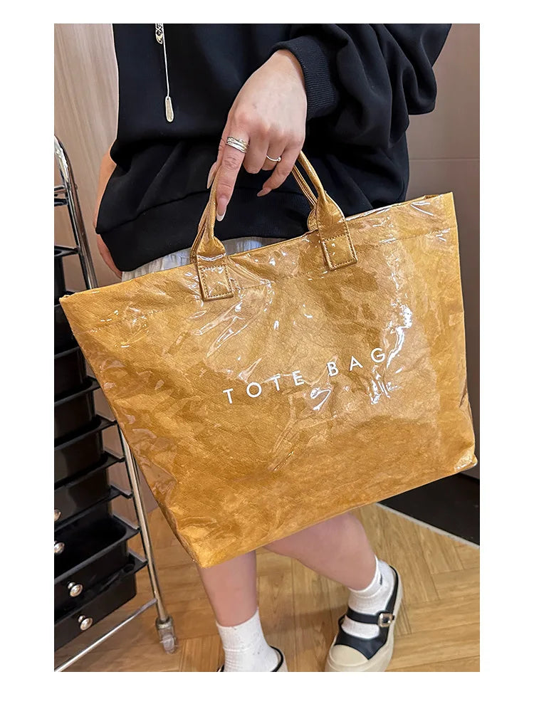 Retro tote bag waterproof DuPont paper shoulder bag fashionable commuting large capacity kraft paper handbag