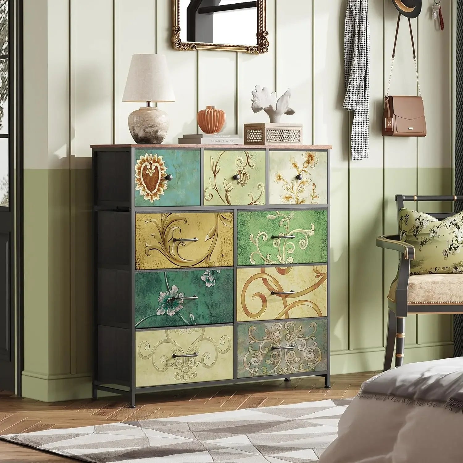 Rosahqnda Vintage Cabinet with fabric Drawers TV Stand Chest of Drawers for Living Room Dining Room Bedroom Iron Frame