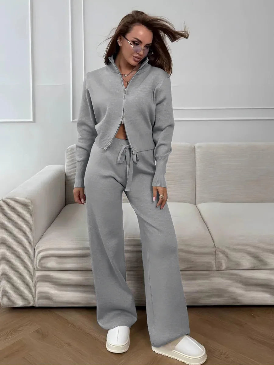 Bornladies Women's New Knit Zip Up Cardigan Wide Leg Pants Set Soft Fabric Cropped Elastic Waist Autumn Winter Fashion Sweater