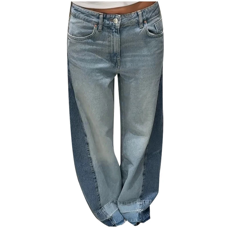 Chic Women's Side Patchwork Denim Jeans Pant High Waist Wide Leg Baggy Pants For Woman 2025 New Casual Daily Streetwear Trousers