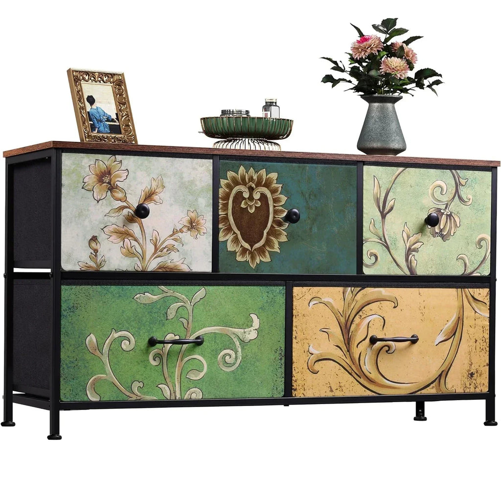 Rosahqnda Vintage Cabinet with fabric Drawers TV Stand Chest of Drawers for Living Room Dining Room Bedroom Iron Frame