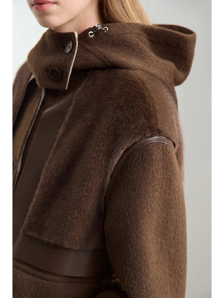 Amii Minimalist 2025 Winter Women's Jacket Hooded Splicing Zipper PU Leather Loose Long Coat Two Wear Wool Coats 12444138