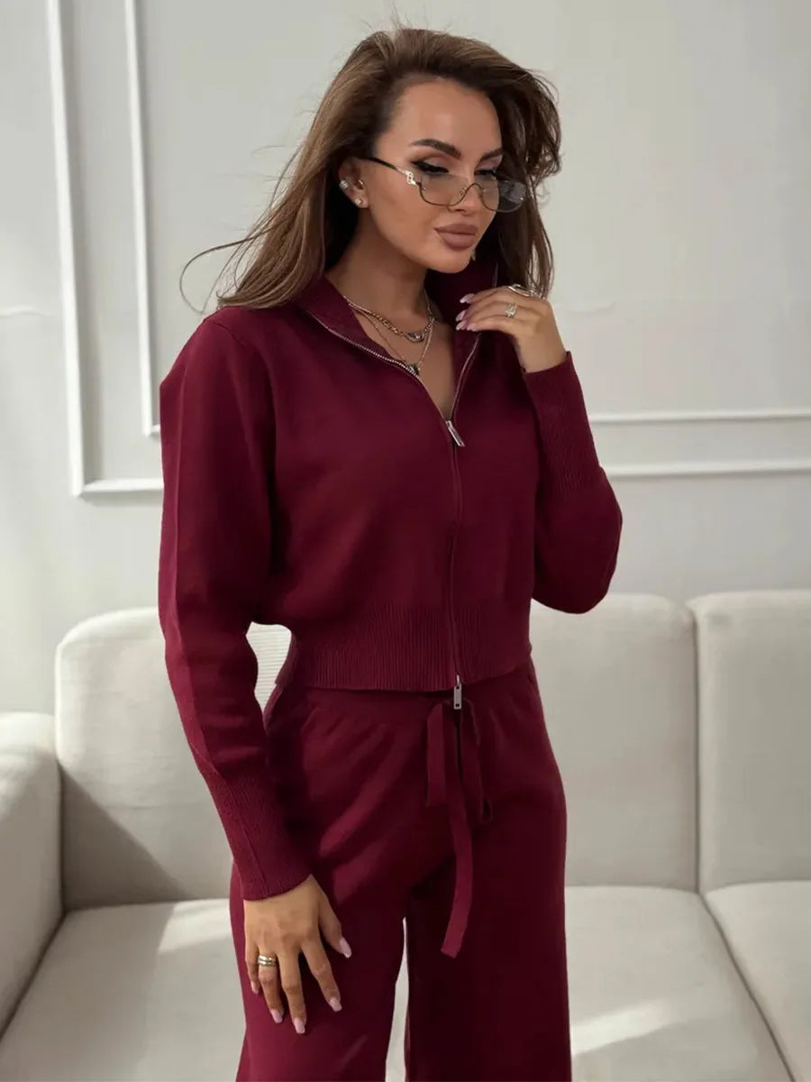 Bornladies Women's New Knit Zip Up Cardigan Wide Leg Pants Set Soft Fabric Cropped Elastic Waist Autumn Winter Fashion Sweater