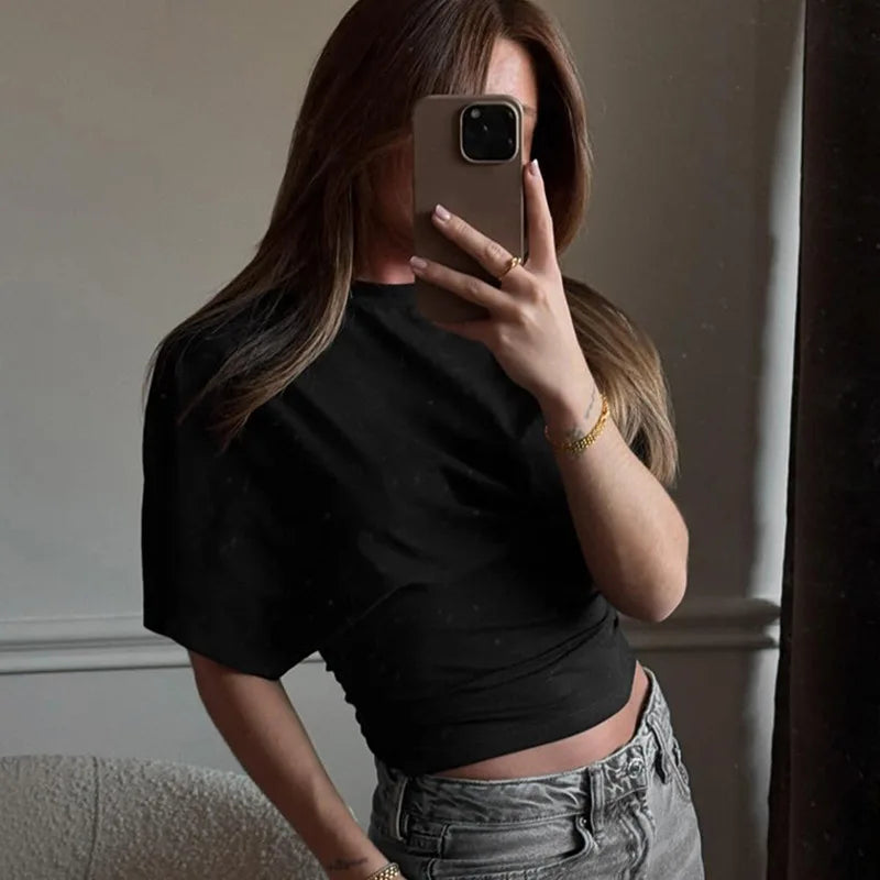 2025 casual solid color simple top round neck short sleeved women's T-shirt