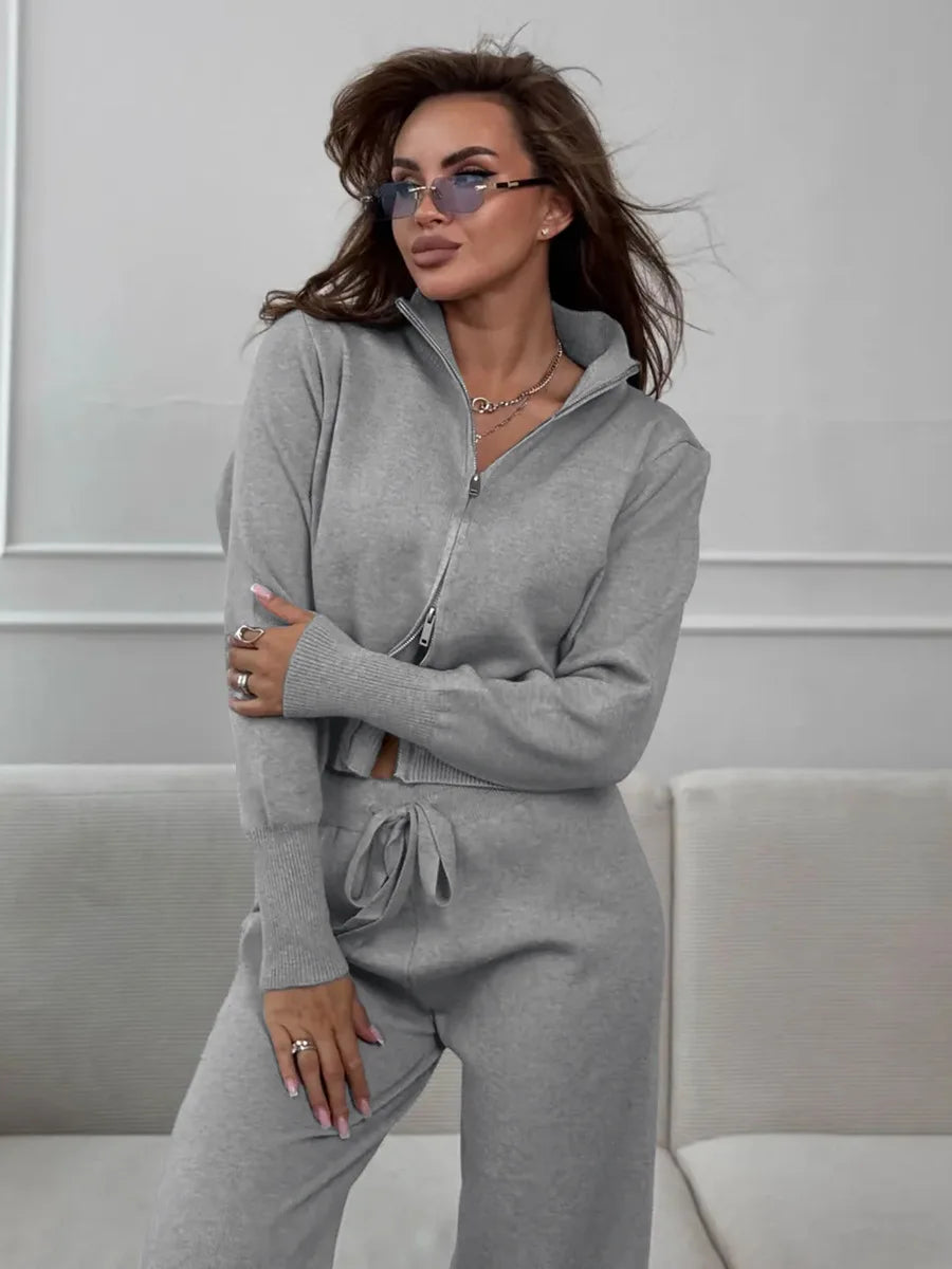 Bornladies Women's New Knit Zip Up Cardigan Wide Leg Pants Set Soft Fabric Cropped Elastic Waist Autumn Winter Fashion Sweater