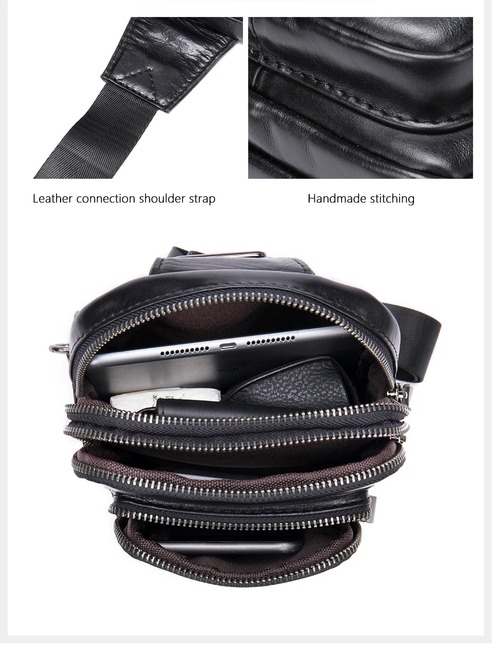 Mans 100% Genuine Leather Sling Bag Men Messenger Bags for Men Black Chest Bags for Phone Casual Sport Shoulder Bag