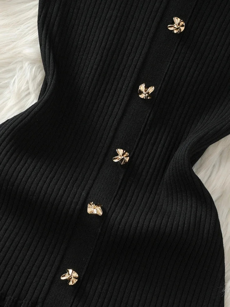 Summer 2024 New Women's Black Beige Single Breasted Knitted Long Dress Green Elegant Office Lady Short Sleeve Pleated Dress Chic