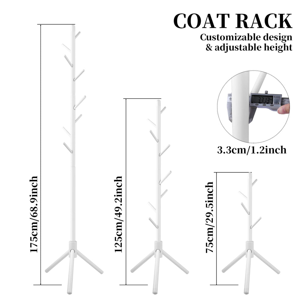 Solid Wood Coat Racks Stand Adjustable Height Clothes Hanger 8 Hook for Home Entryway Clothes Hat Scarves Handbags Rack