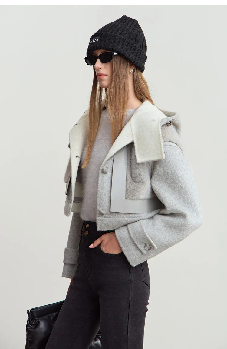 Amii Minimalist 2025 Winter Women's Jacket Hooded Splicing Zipper PU Leather Loose Long Coat Two Wear Wool Coats 12444138