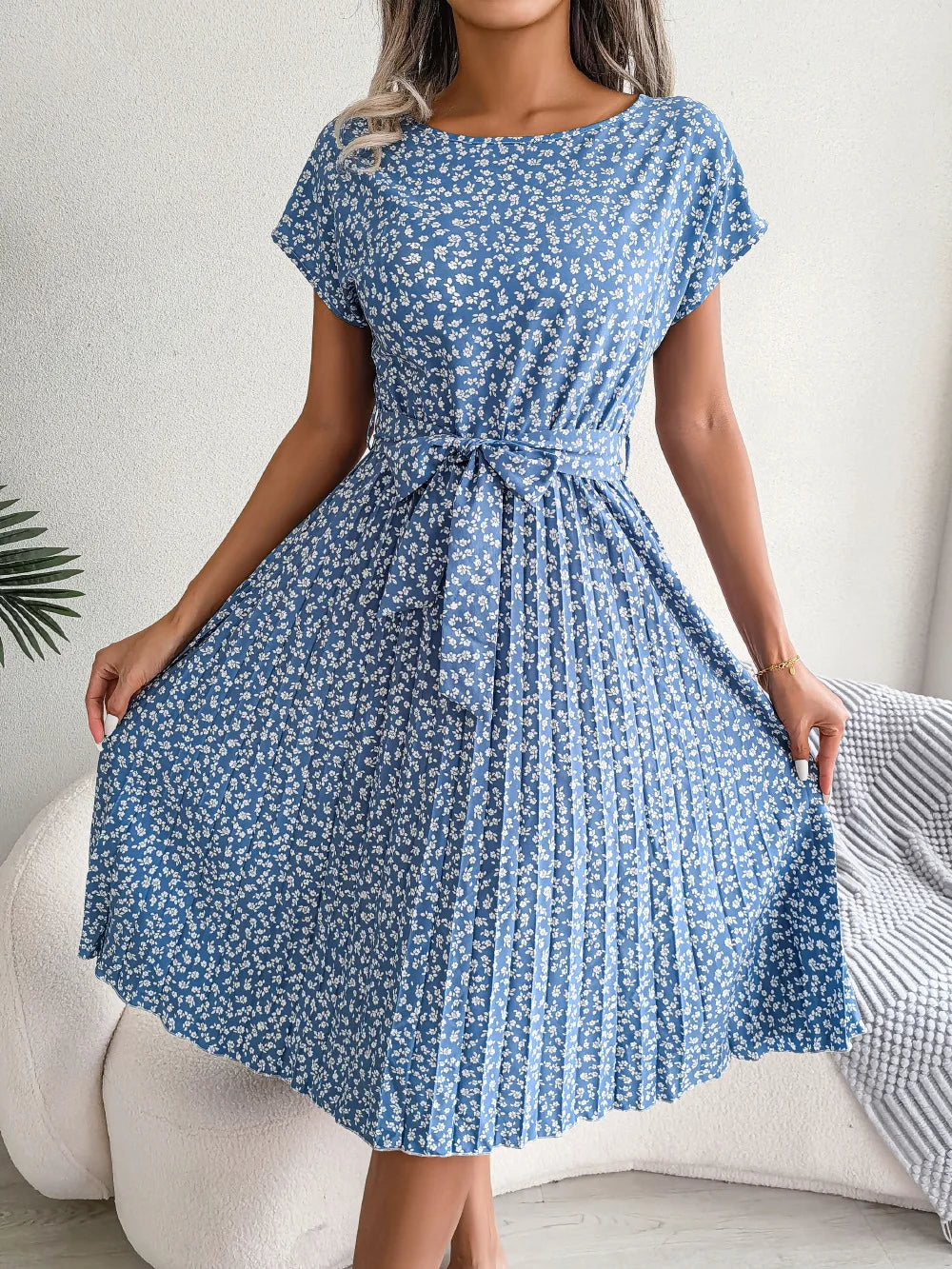 Women's Floral Pleated A Line Long Dress, Short Sleeve, High Waist, Chic, Spring, Summer