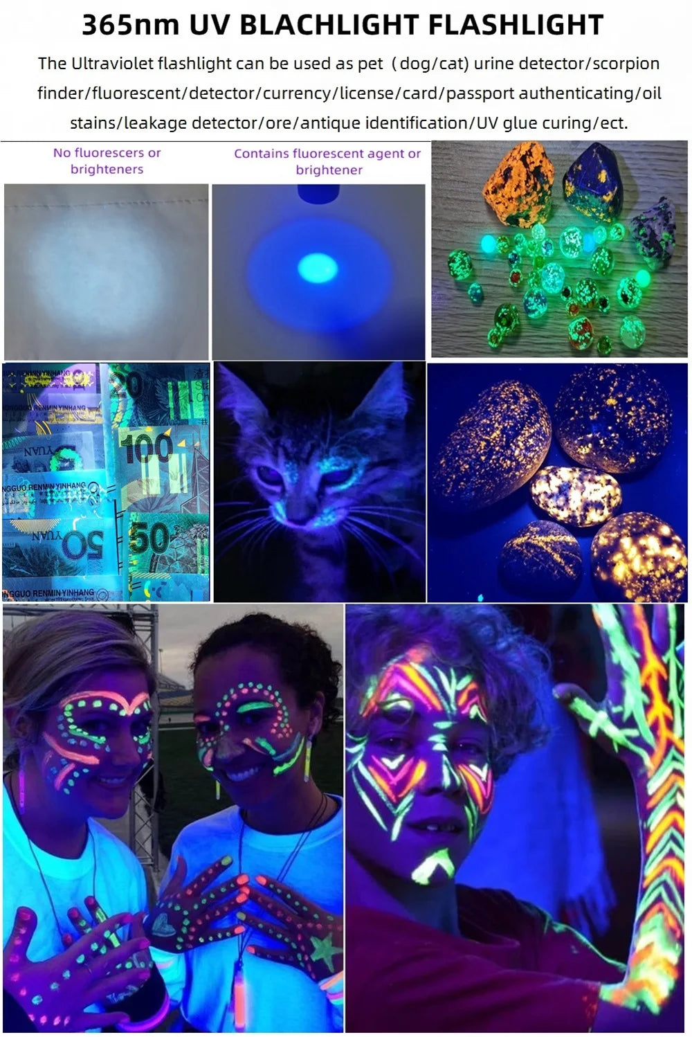 SV005 10W 365nm UV Flashlight USB Rechargeable Ultraviolet Invisible USB Torch Pet Urine Stains Ore Scorpion Detection Lamp