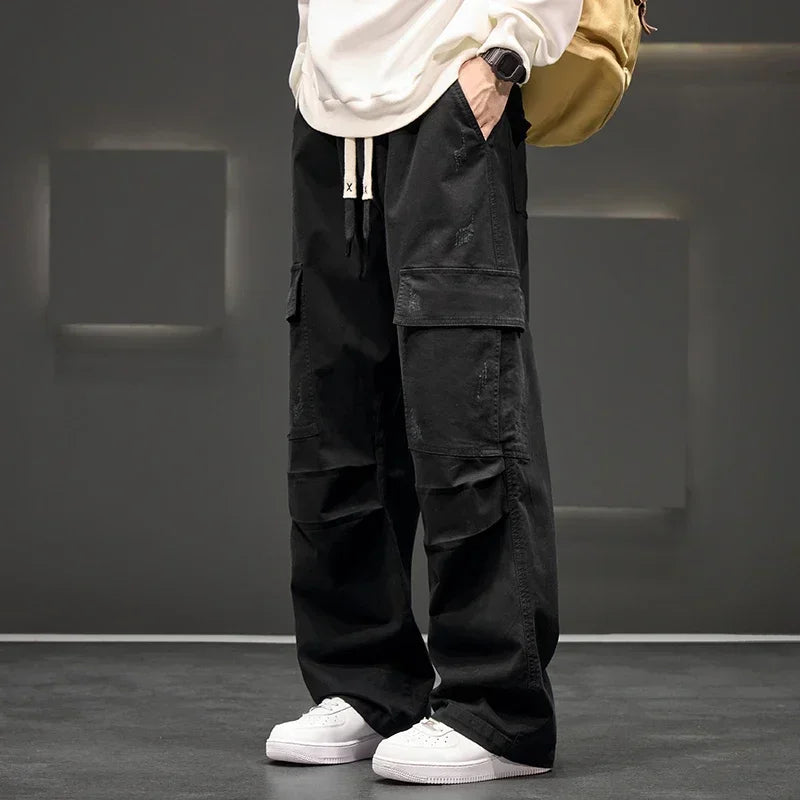 Autumn New Wide Leg Pocket Cargo Pants Men Trousers Neutral Loose Casual Cotton Straight Outdoor Fashion Pants Big Size 8xl