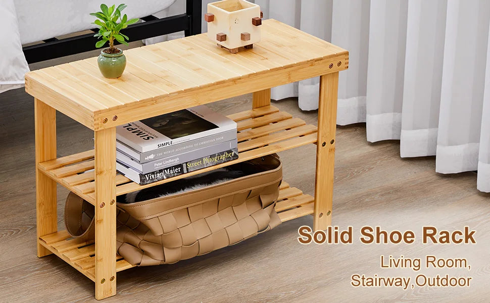JHK 3-Tier Bamboo Entryway Benches Living Room Shoe Rack Bench Holds Up to 286 lb Storage Organizer for Bedroom Balcony