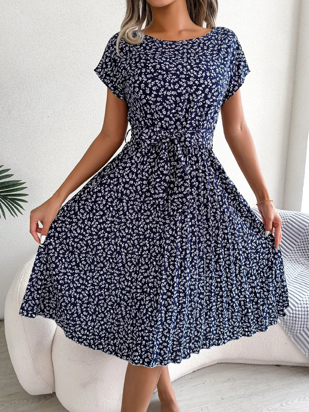 Women's Floral Pleated A Line Long Dress, Short Sleeve, High Waist, Chic, Spring, Summer