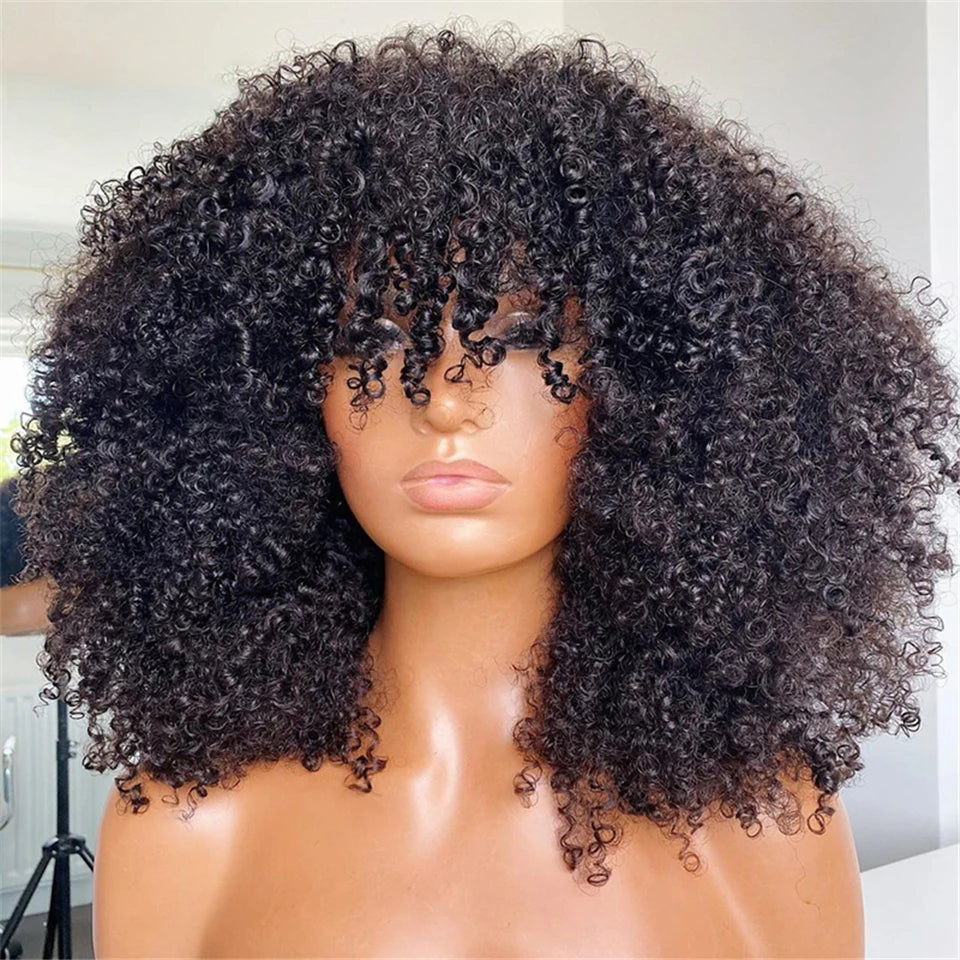 Mongolian Afro Kinky Curly Hunan Hair Wigs With Bangs Full Machine Made Wig 250 Density Remy Brazilian Short Curly Bangs Wig